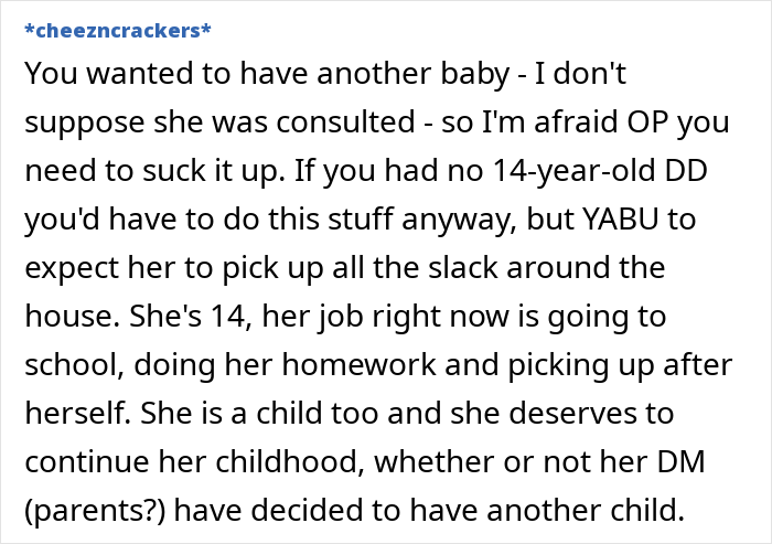 Text discussing a mom's frustration with her 14-year-old not helping after a new baby, suggesting the child should enjoy childhood.