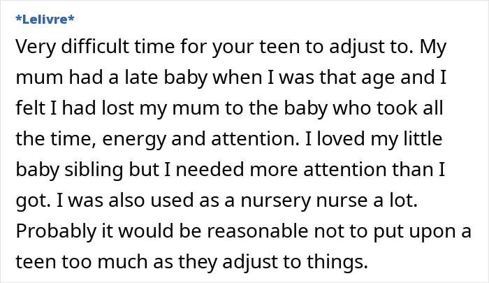 Text discussing challenges teens face with new baby siblings, emphasizing need for balance in attention and responsibilities.