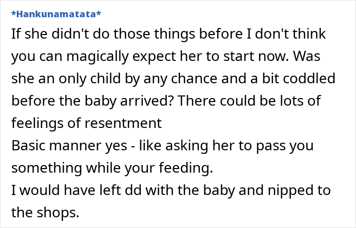 Text discussing a mother's frustration about her 14-year-old's lack of help after a new baby arrives, questioning expectations.