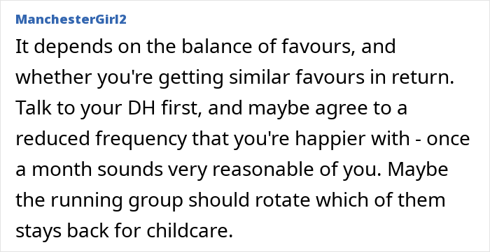 Comment suggesting parents should alternate childcare during trail running activities.