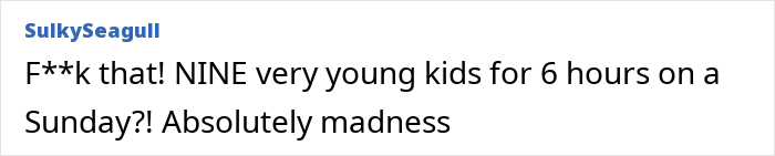 Comment expressing frustration about managing nine young kids, highlighting stress and challenges faced by mom.