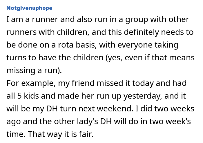 Text discussing a group of parents rotating childcare responsibilities to allow trail running.