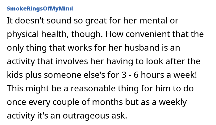 Text discussing a mom's stress from being left with 9 kids, highlighting the challenge of a spouse prioritizing trail running.