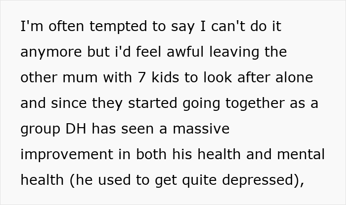 Text discussing challenges of managing 9 kids alone while others go trail running, mentioning stress and mental health benefits.