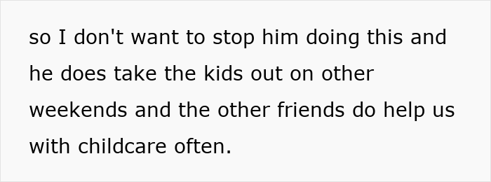 Text discussing childcare dynamics while some parents go trail running, leaving mom with nine kids.
