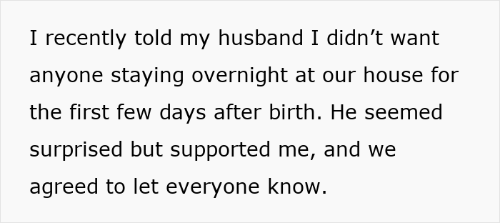 Text from DIL expressing post-birth guest preferences, supported by husband, informs family not to stay overnight.