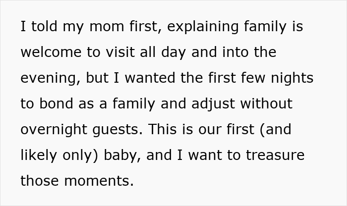 Text discussing family's visit schedule after birth, emphasizing the desire for bonding without overnight guests.