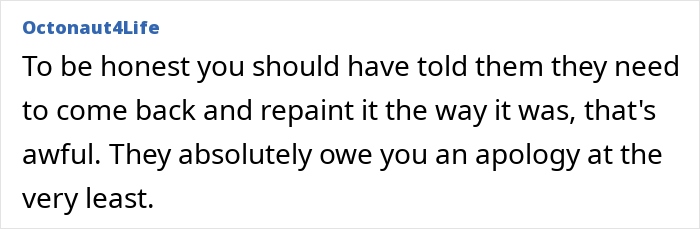 Text comment expressing disappointment about lounge redecoration, suggesting repainting and an apology.