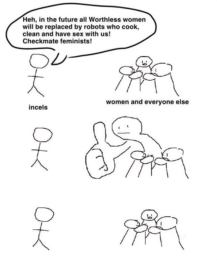 Misogynist stick figure drawing gets shut down by larger group with a dismissive thumbs down.