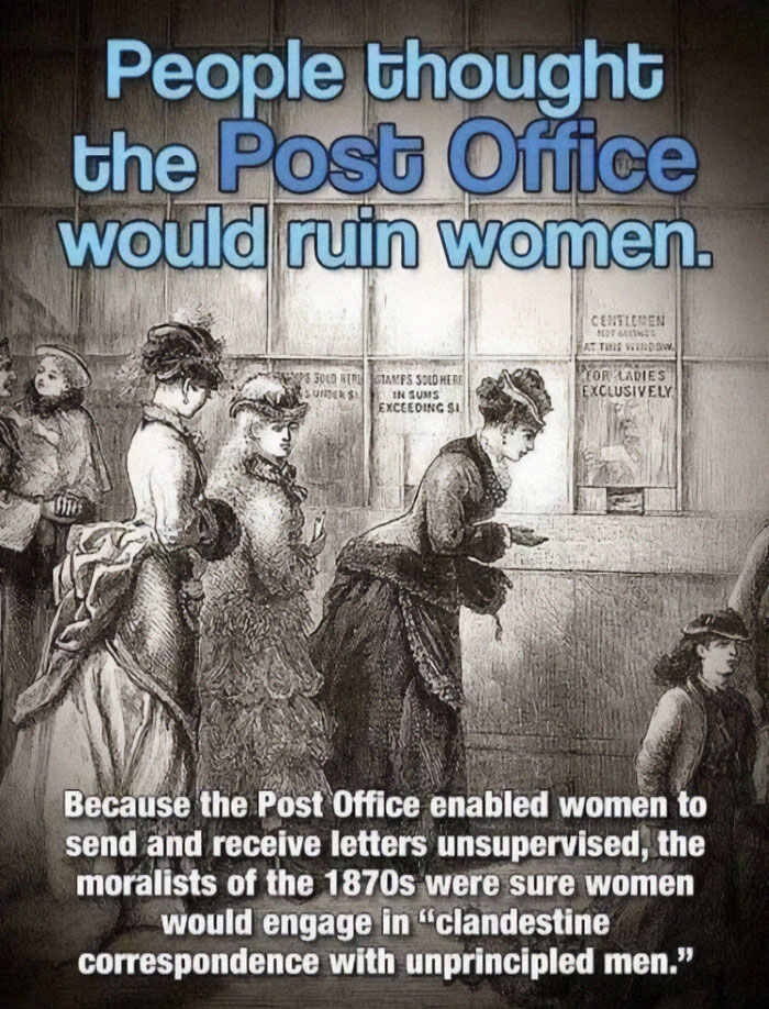 19th-century illustration highlighting misogynists' fears of women using the Post Office unsupervised.