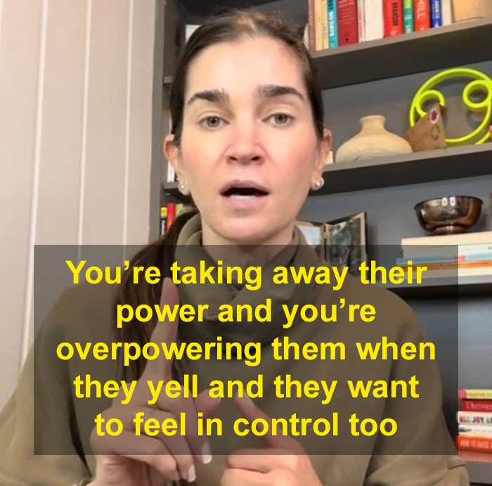 Parenting coach sharing advice on a video call, with a bookshelf in the background, emphasizing the impact of yelling.