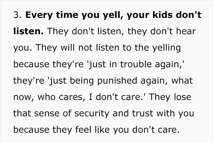 Text advising parents to stop yelling at kids; emphasizes loss of trust and security.