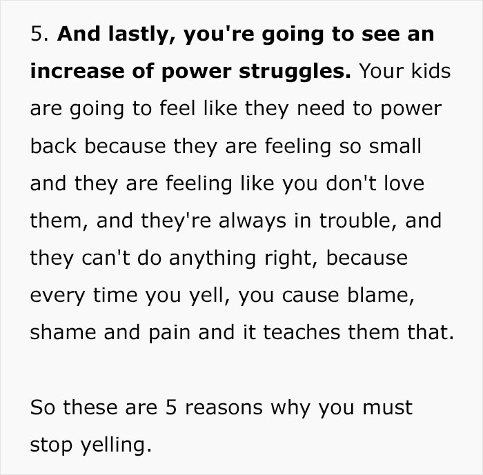 Text on parenting coach advice: Stop yelling at your kids to avoid increasing power struggles and feelings of blame and shame.