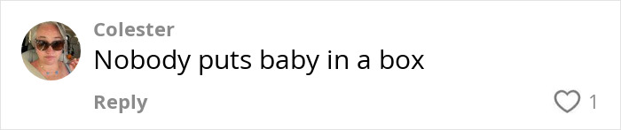 Comment on controversy about parents putting baby in a box, with user profile picture and heart icon.