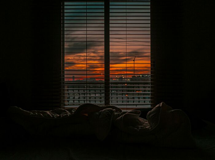 View of a peaceful sunset through blinds, symbolizing childfree tranquility.