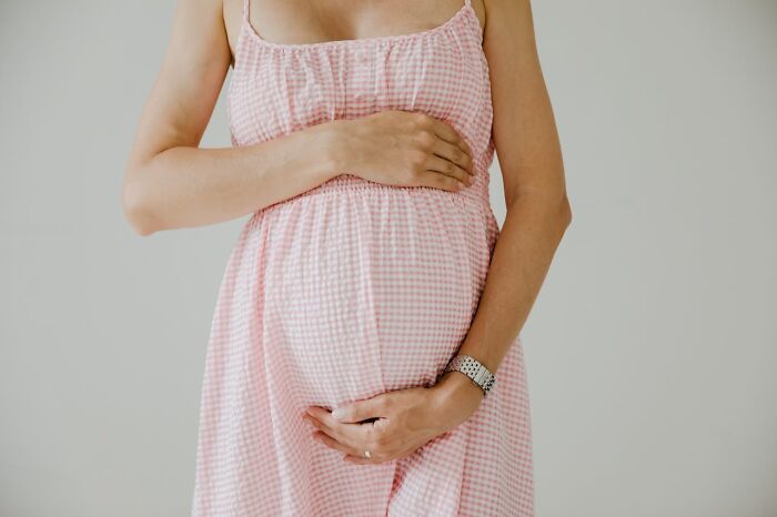 Pregnant woman in a pink gingham dress, gently holding her belly, representing the female body.