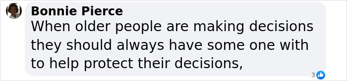 Chat message expressing views on decision-making for older people, related to a discussion on an evicted veteran's family.