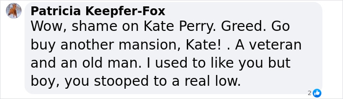 Comment criticizing Katy Perry and mentioning an evicted veteran.