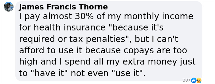 Social media comment discussing high cost of health insurance and co-pays, impacting usage and financial stability.