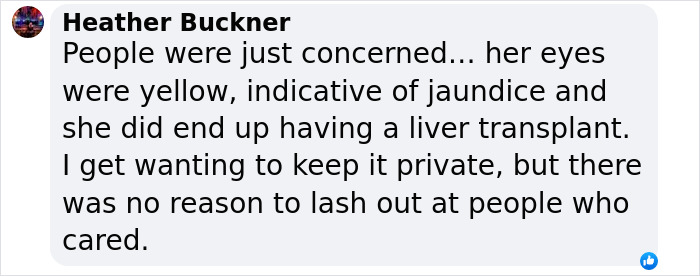 Comment on Michelle Trachtenberg&rsquo;s health response, mentioning jaundice and liver transplant.