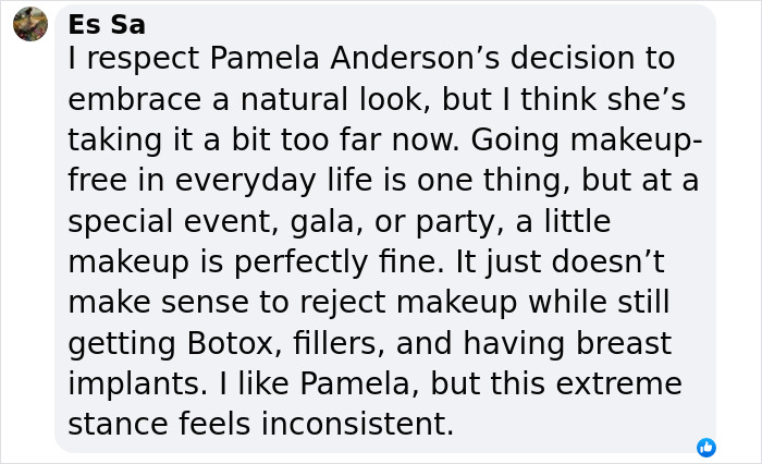 Text commenting on Pamela Anderson's makeup-free transformation at the 2025 SAG Awards.