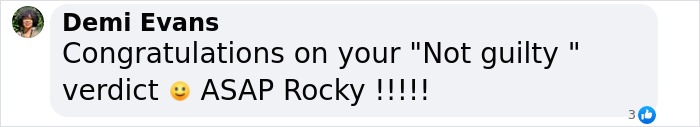 Text message congratulating ASAP Rocky on a "not guilty" verdict with a smiley emoji.