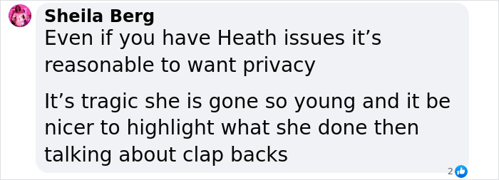 Comment discussing health privacy and tragic passing amid reactions to clap backs.