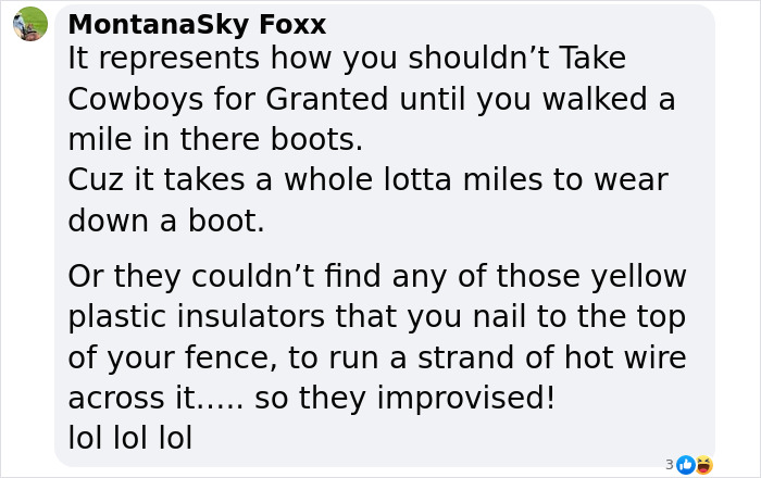 Text image discussing why cowboy boots on fences symbolize wearing them out or as an improvised insulator solution.