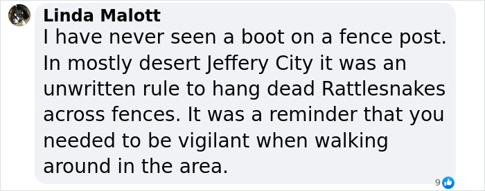 Comment by Linda Malott about boots on fence posts in desert Jeffery City as a vigilance reminder.