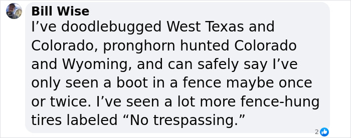 Comment discussing cowboy boots on fences, mentioning West Texas and Colorado hunting experiences.