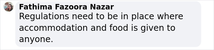 Comment about regulations on food and accommodation by an influencer.