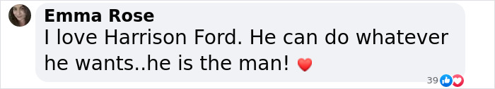 Harrison Ford praised in a viral comment, expressing admiration with a heart emoji.