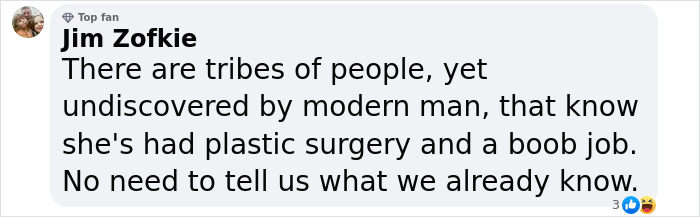 Comment discussing Bianca Censori\'s plastic surgery with humorous tone.