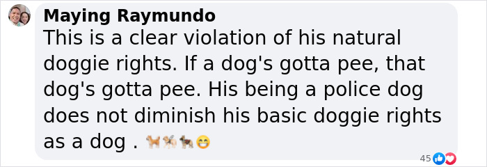 Comment expressing outrage over police dog punishment, emphasizing cruelty and dog rights.