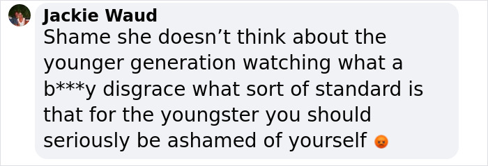 Text comment criticizing behavior, addressing the impact on the younger generation with a displeased emoji.