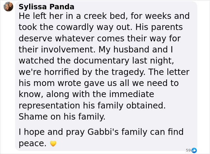 Social media post about Brian Laundrie's parents' statement following documentary release on Gabby Petito.