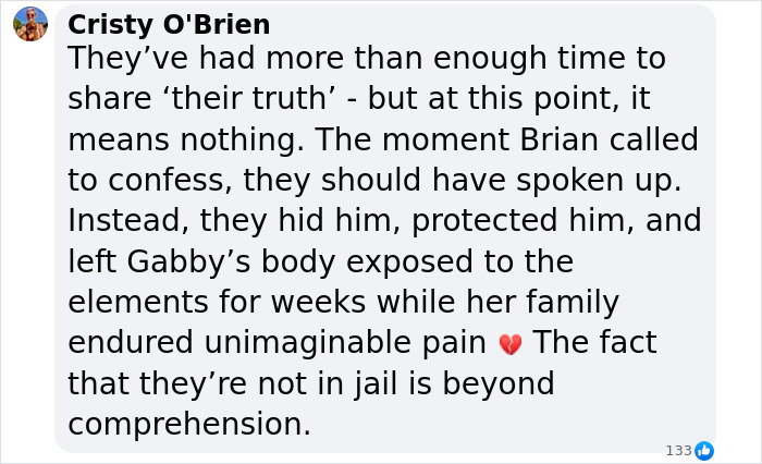 Comment on Brian Laundrie's parents' response after Gabby Petito documentary release.