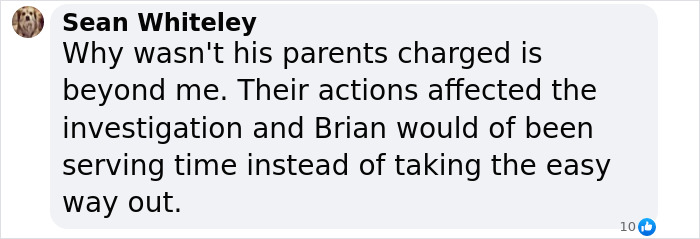 Text comment questioning the actions of Brian Laundrie's parents related to Gabby Petito investigation.