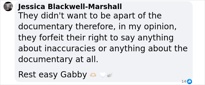 Comment discussing Brian Laundrie's parents' stance on Gabby Petito documentary, mentioning their rights regarding inaccuracies.