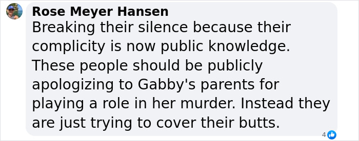 Screenshot of a comment about Brian Laundrie's parents addressing Gabby Petito documentary.