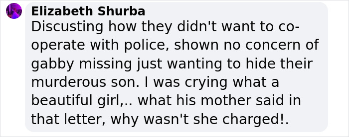 Elizabeth Shurba's comment expressing strong views on Brian Laundrie's parents regarding Gabby Petito case.