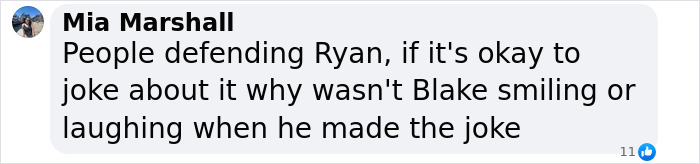 Message questioning Blake Lively's reaction to Ryan Reynolds' SNL 50 joke.