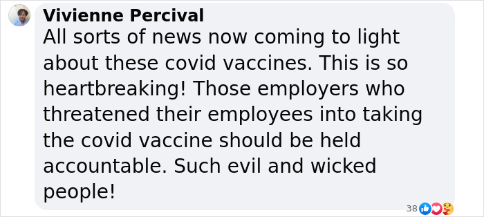 Comment by Vivienne Percival criticizing Covid vaccines and employer mandates, labeling them as "evil and wicked".