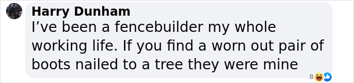 Text message discussing cowboy boots nailed to a tree by a fence builder named Harry Dunham.