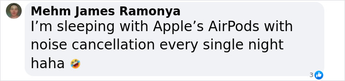 Text post about using noise cancelling AirPods nightly with a laughing emoji.