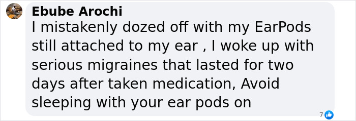 Comment warning about migraines after sleeping with noise cancelling AirPods on.