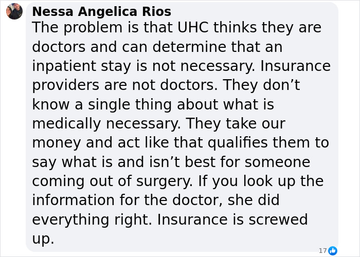 Text image discussing dissatisfaction with UnitedHealthcare's decisions on medical necessity after surgery.