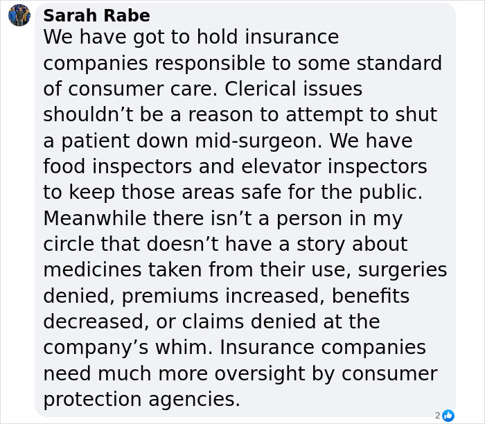 Text image highlighting a critique of insurance companies and consumer care standards.