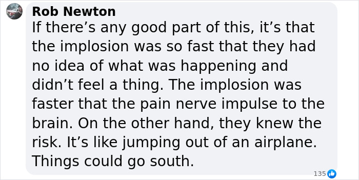 Text exchange about Titan Sub's last moments, mentioning the rapid implosion and risks likened to skydiving.