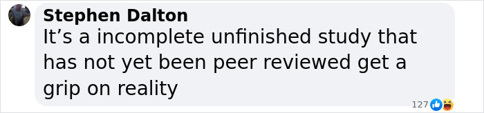 Text comment on vaccine study skepticism, emphasizing the lack of peer review.